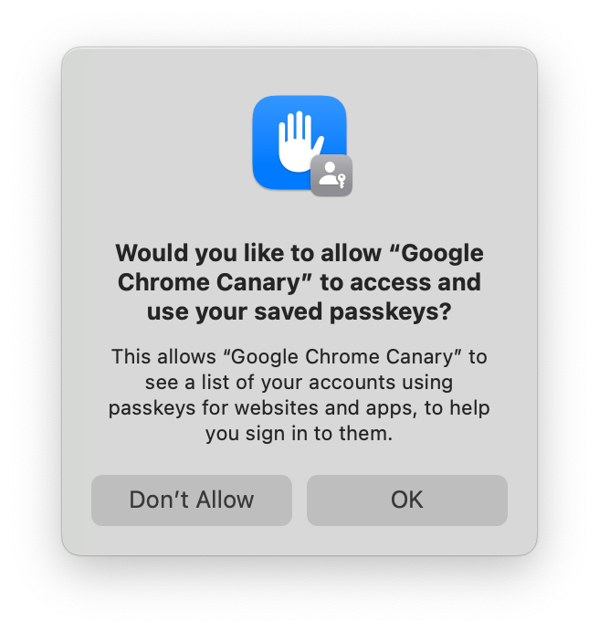 An image of the macOS passkeys permission dialog